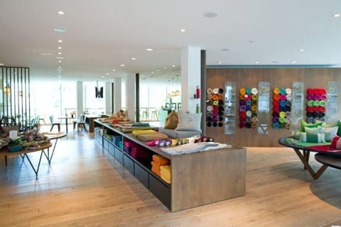 Exhibition room of products such as fabrics in the Steiner1888 Wollwelt in Mandling.